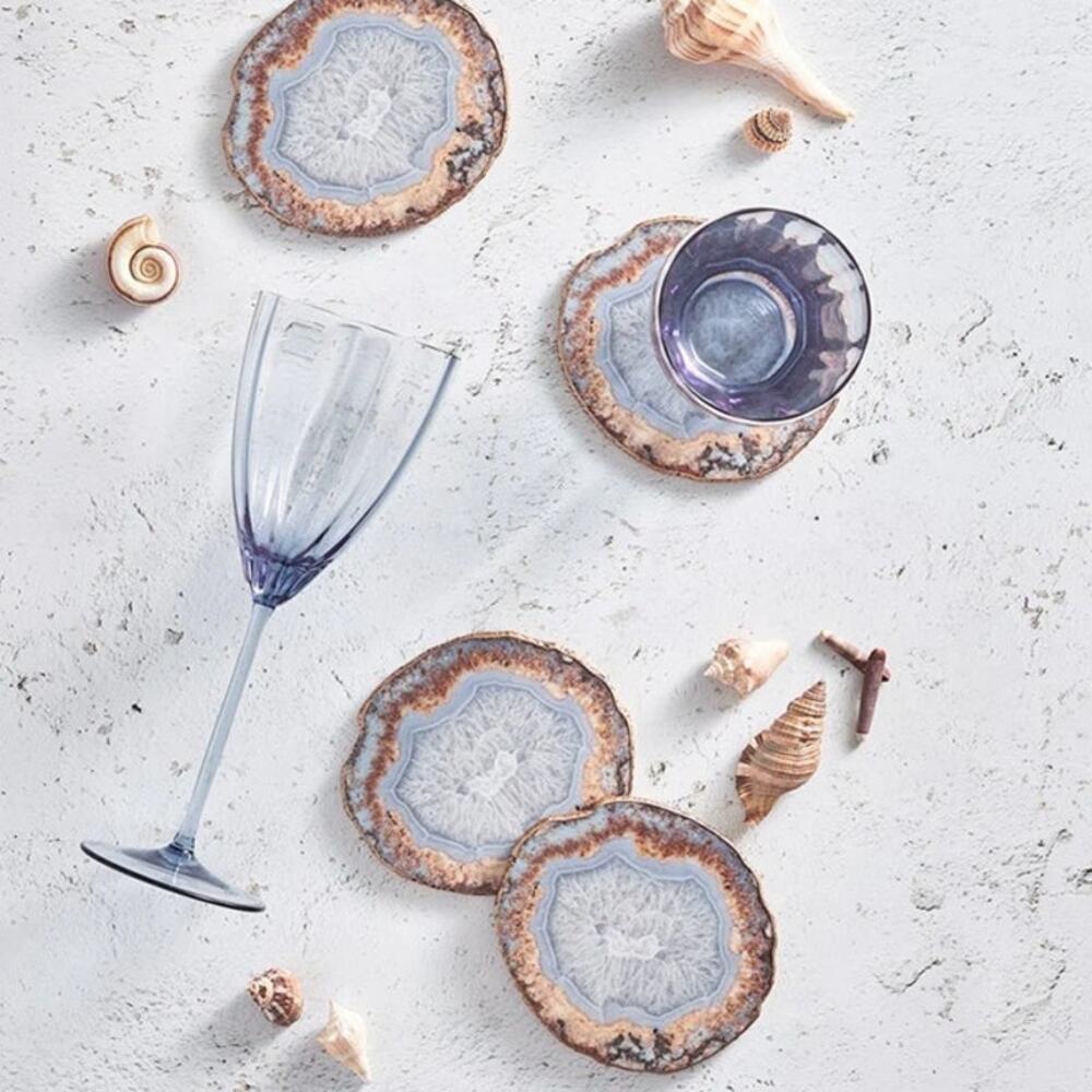 Kim Seybert Round Strata Acrylic Stone Inspired Drink Coaster Set of 4 Blue NWT